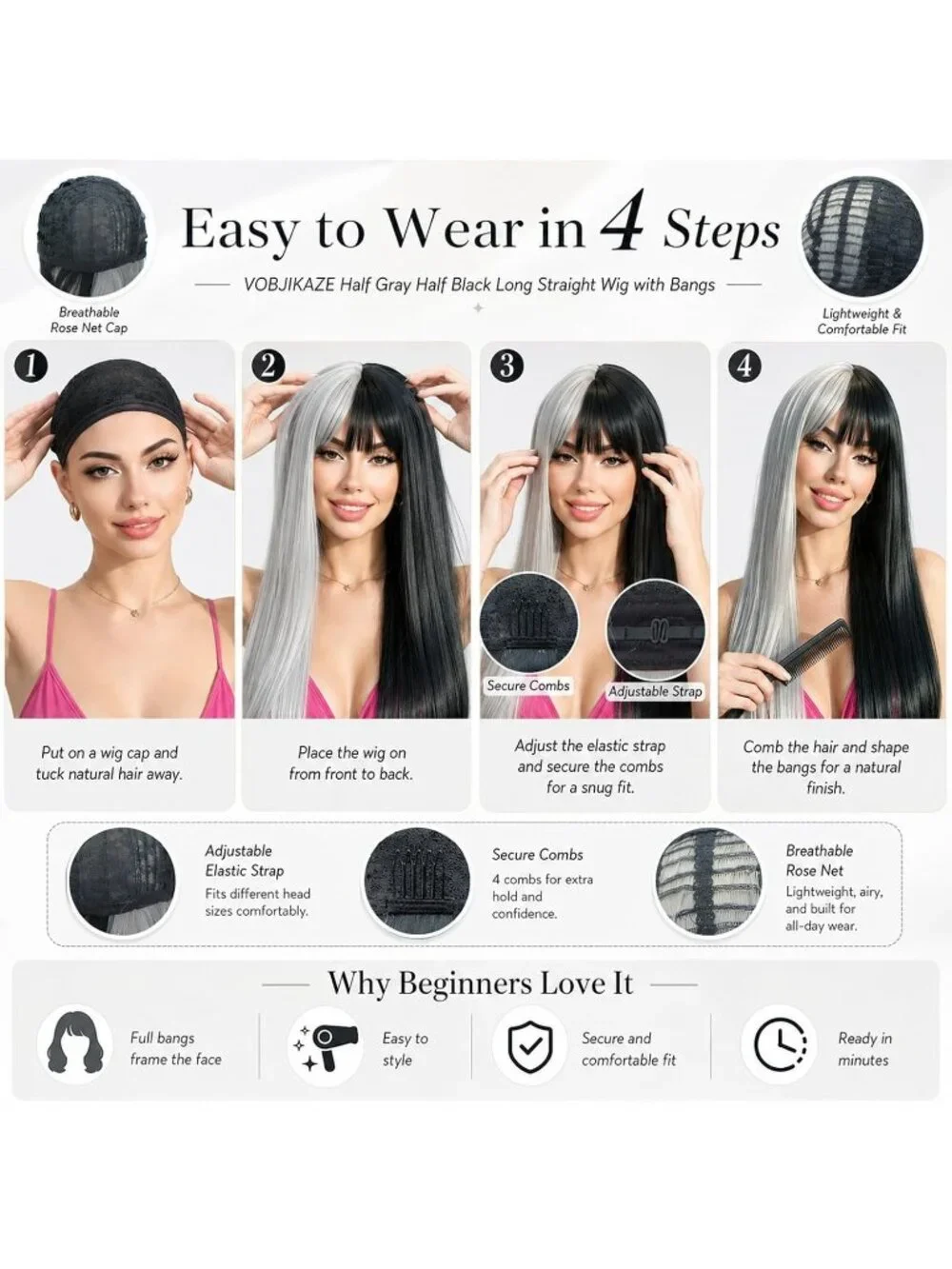 Women's Grey Black 26 Inch Heat Resistant Synthetic Long Straight Wigs Bangs